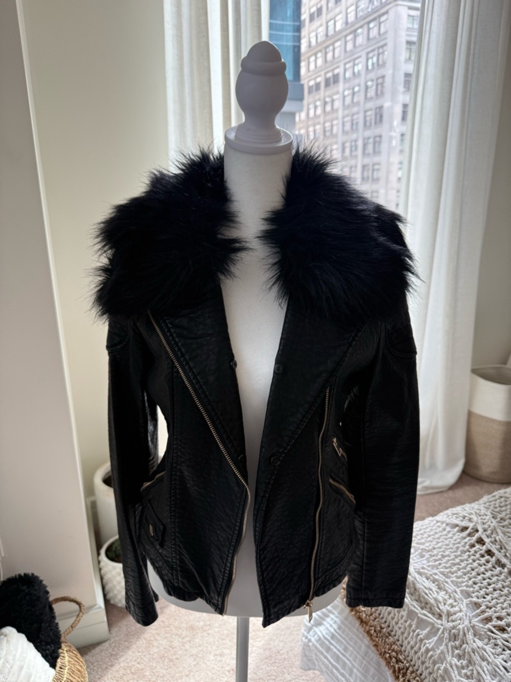 Black Faux Fur Collar Moto Jacket - Women
